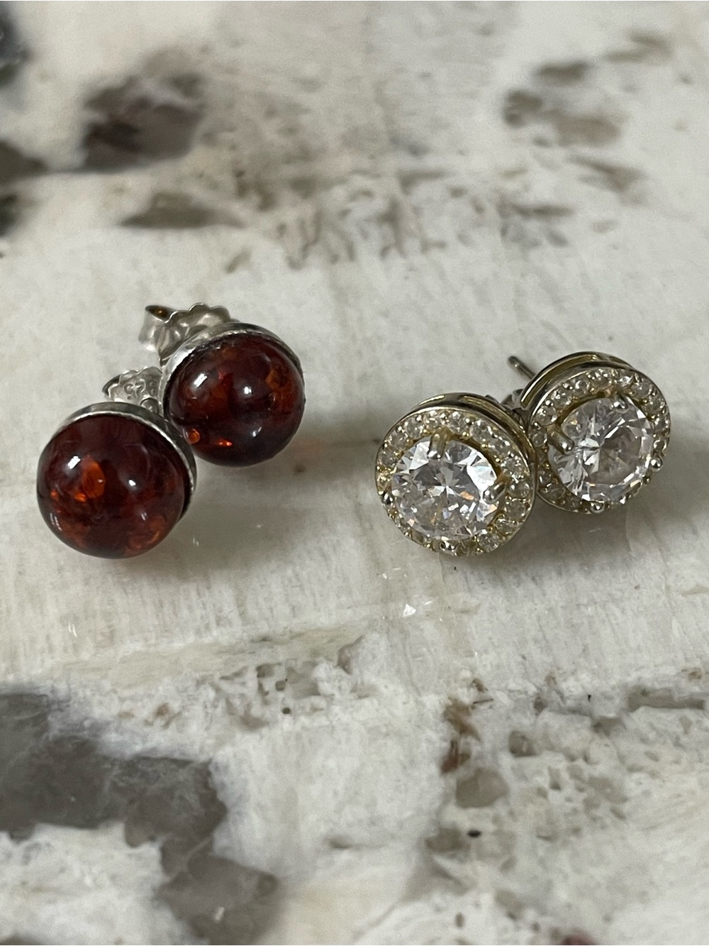 Sterling Silver 925 Baltic Amber Cognac & Cubic Zirconia Stud Earrings - Bundle